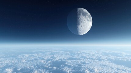 Wall Mural - Celestial Serenity: A Half-Moon's Grace Over Earth's Cloudscape