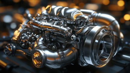 Poster - A detailed, shiny engine with complex components, showcasing mechanical design and engineering.