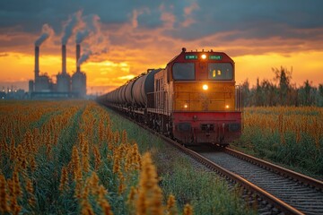 A freight train moves along tracks surrounded by tall grass at sunset, with factories in view. Generative AI