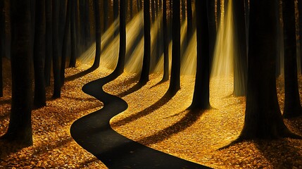 Wall Mural - Sunbeams illuminate a winding path through an autumn forest.