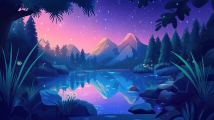 Poster - Serene Night Lake Mountainscape Under Starlit Sky