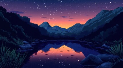 Wall Mural - Serene Nighttime Mountain Lake Reflection Scene