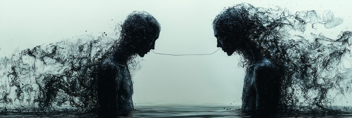 Wall Mural - Two figures facing opposite directions, connected by a broken thread, symbolizing emotional detachment,