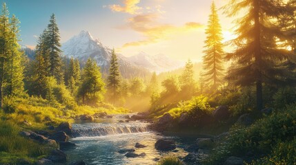 Canvas Print - Serene mountain river flows through a lush green forest at sunset