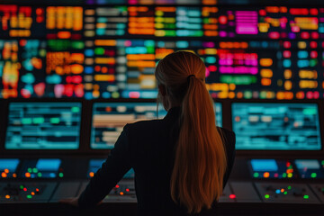 Wall Mural - a female it professional with their back to the viewer observing the large amount of computer monito