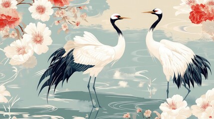 Naklejka na meble Traditional Japanese Kimono Pattern with Cranes and Floral Details