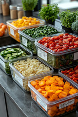 Poster - Healthy meal prepping with multiple containers, fresh vegetables, and label stickers, shot in a tidy kitchen,