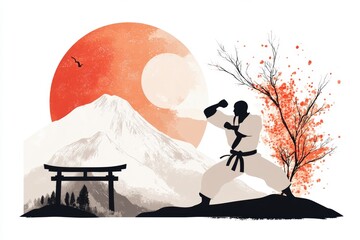 Aufkleber - A flat 2D design of a karateka practicing in front of a dojo gate, with vibrant colors and simple shapes