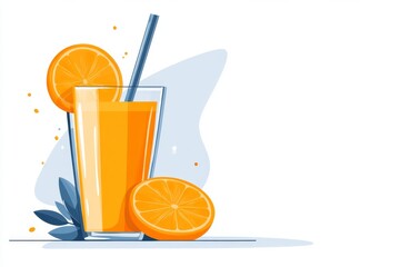 Aufkleber - A flat design of a glass of orange juice with a single slice of orange, set against a plain white background