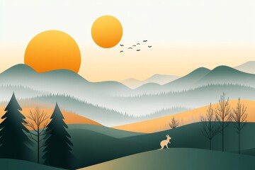 Aufkleber - A flat design of a kangaroo hopping across a simple landscape of rolling hills, with muted pastel colors