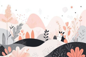Aufkleber - A flat design of a kangaroo hopping across a simple landscape of rolling hills, with muted pastel colors