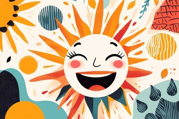 Aufkleber - A flat design of a laughing face with abstract sunburst patterns emanating from it in warm colors