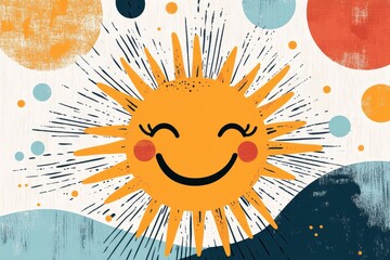 Aufkleber - A flat design of a laughing face with abstract sunburst patterns emanating from it in warm colors