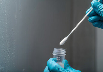 gloved hands holding test tube and cotton swab, performing scientific experiment in laboratory setti