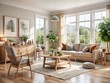 © Sandra - A Scandinavian living room, light wood accents, beige walls, and a large window.