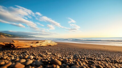 Wall Mural - Tranquil Beach Scene with Driftwood and Colorful Sky at Sunrise