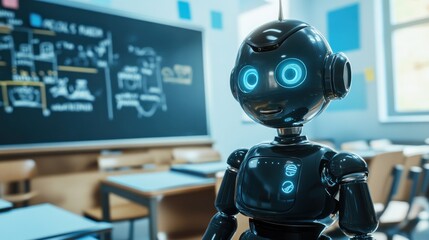 Leinwandbilder - A futuristic robot stands in a classroom, symbolizing technology in education.