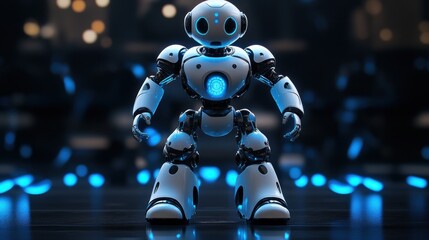 Fototapete - A futuristic robot with blue accents stands against a dark background, showcasing technology.