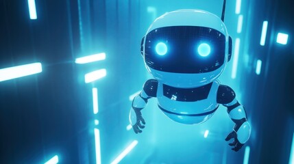 Aufkleber - A futuristic robot with glowing eyes navigating a high-tech environment.
