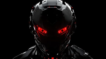 Poster - A futuristic robotic figure with glowing red eyes against a black background.