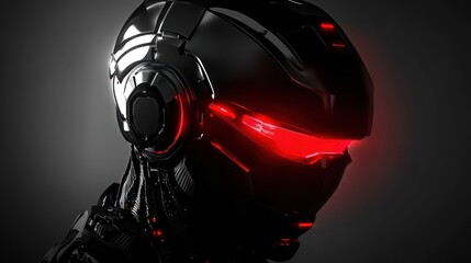 Poster - A futuristic robotic head with glowing red eyes, emphasizing advanced technology and design.