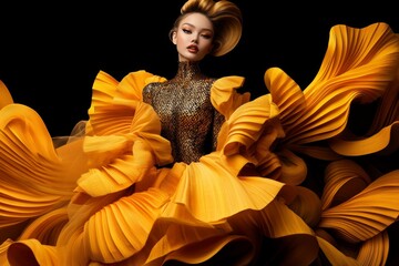 A glamorous woman in a golden gown, set against a Klimt-style background of abstract geometric shapes and patterns