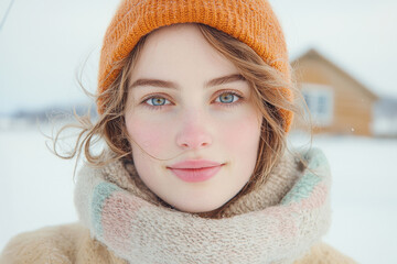 Wall Mural - Winter portrait of young caucasian female in orange beanie and scarf