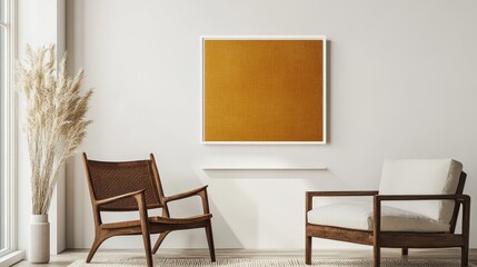 Wall Mural - Minimalist living room interior with two wooden armchairs, pampas grass, and a gold framed artwork on a white wall.