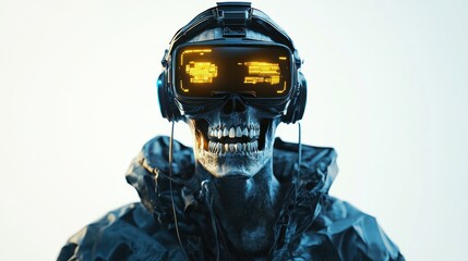 Poster - A futuristic skeleton wearing VR goggles, emphasizing technology and digital interaction.