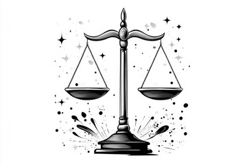 Poster - A minimalist illustration of the scales of justice, perfectly balanced with clean, simple lines on a white background