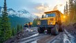 © Dmitry - Two yellow dump trucks negotiate a muddy mountain road, framed by towering evergreen trees and breathtaking snow-capped peaks under a setting sun