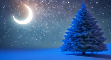 Wall Mural - A blue toned animated christmas tree scene featuring falling snow swirling stars and a crescent moon 4K