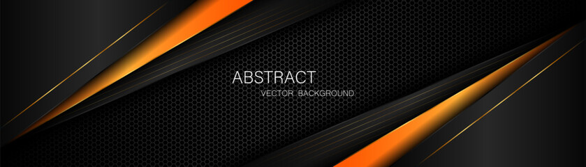 Aufkleber - Abstract black and orange polygon with golden lines on dark steel mesh background with free space for design. modern technology innovation concept background	