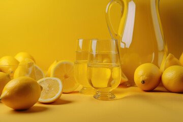 Wall Mural - Glass of lemonade with lemons and vibrant yellow decor