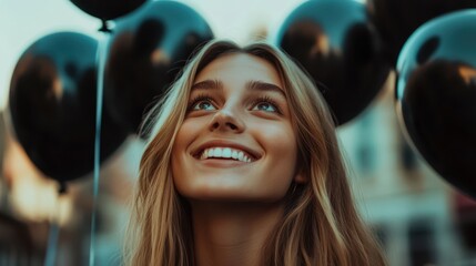 Wall Mural - A joyful woman smiles brightly while holding black balloons, dressed in a stylish black turtleneck sweater, radiating elegance and cheerfulness.