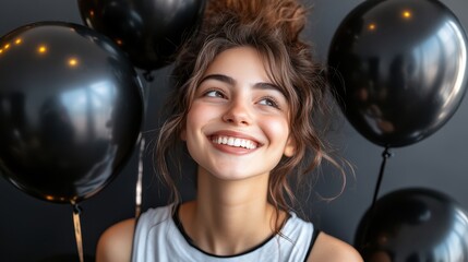 Wall Mural - A joyful woman smiles brightly while holding black balloons, dressed in a stylish black turtleneck sweater, radiating elegance and cheerfulness.