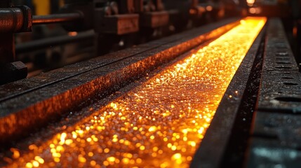 Poster - A glowing stream of molten metal in an industrial setting, showcasing metalworking processes.