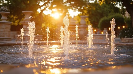 Sticker - Golden sunset fountain in a park. Water jets splashing in the golden light.