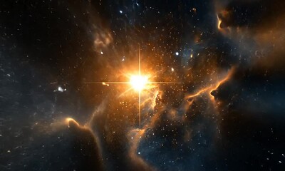 Wall Mural - A vibrant cosmic scene showcasing a bright star amidst a backdrop of galaxies and nebulae.