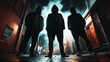 © LucyJ - A group of youths or gang members wearing hoodies in a bleak urban setting at night, there is a sense of danger or criminal intent, wide aspect 25:14