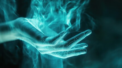 Aufkleber - A glowing, ethereal hand surrounded by swirling energy, suggesting a mystical or technological theme.