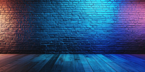 Brick wall with gradient blue and warm lighting in modern interior design