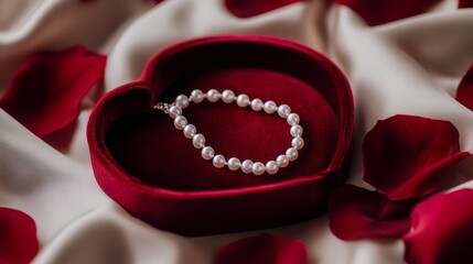 A pearl bracelet displayed in a red heart-shaped box on a silky fabric with rose petals.