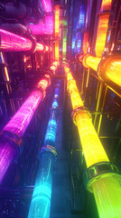 Wall Mural - Vibrant neon pipes in futuristic industrial setting