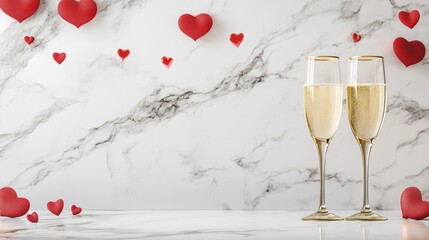 Two champagne flutes on a marble surface with red hearts, suggesting a romantic celebration.