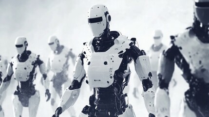 Aufkleber - A group of humanoid robots marching in a futuristic setting.