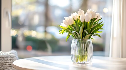 Wall Mural - sunlit white tulips in a glass vase on a table by a window.