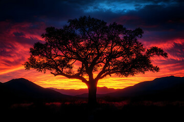 Canvas Print - Silhouetted tree against vibrant sunset and mountains.