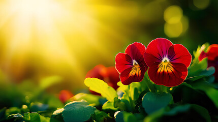 Wall Mural - Gorgeous burgundy pansies in full bloom at sunset in summer garden, suitable for a banner with copy space.
