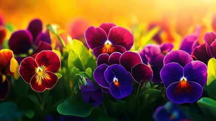 Wall Mural - Purple pansies in summer garden glowing in sunset rays, perfect for a summer banner with room for copy.